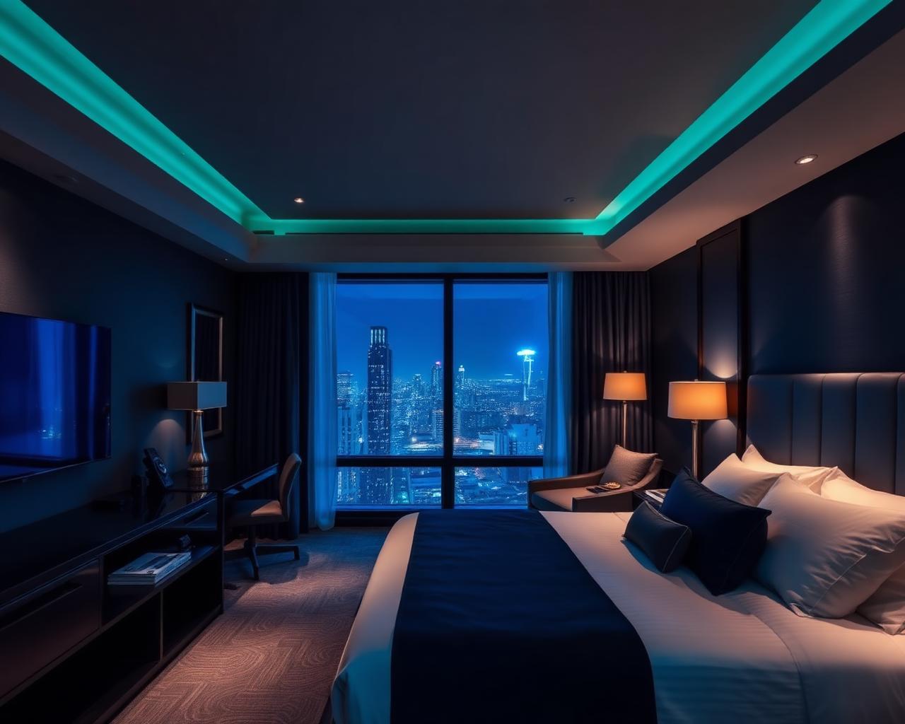 Turkuaz ambiyans ışıklı lüks otel odası