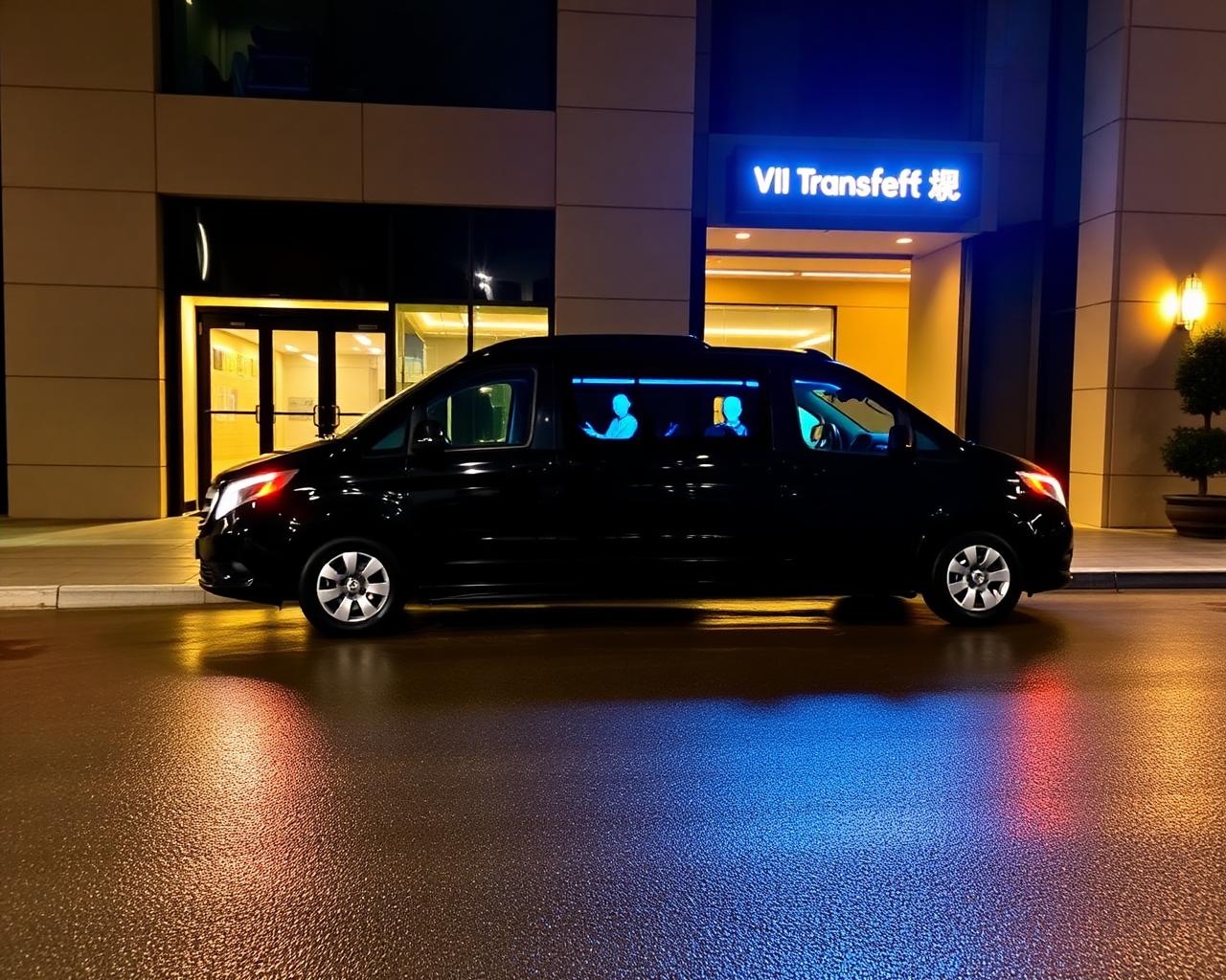 Gece vakti otel girişinde bekleyen siyah VIP transfer aracı