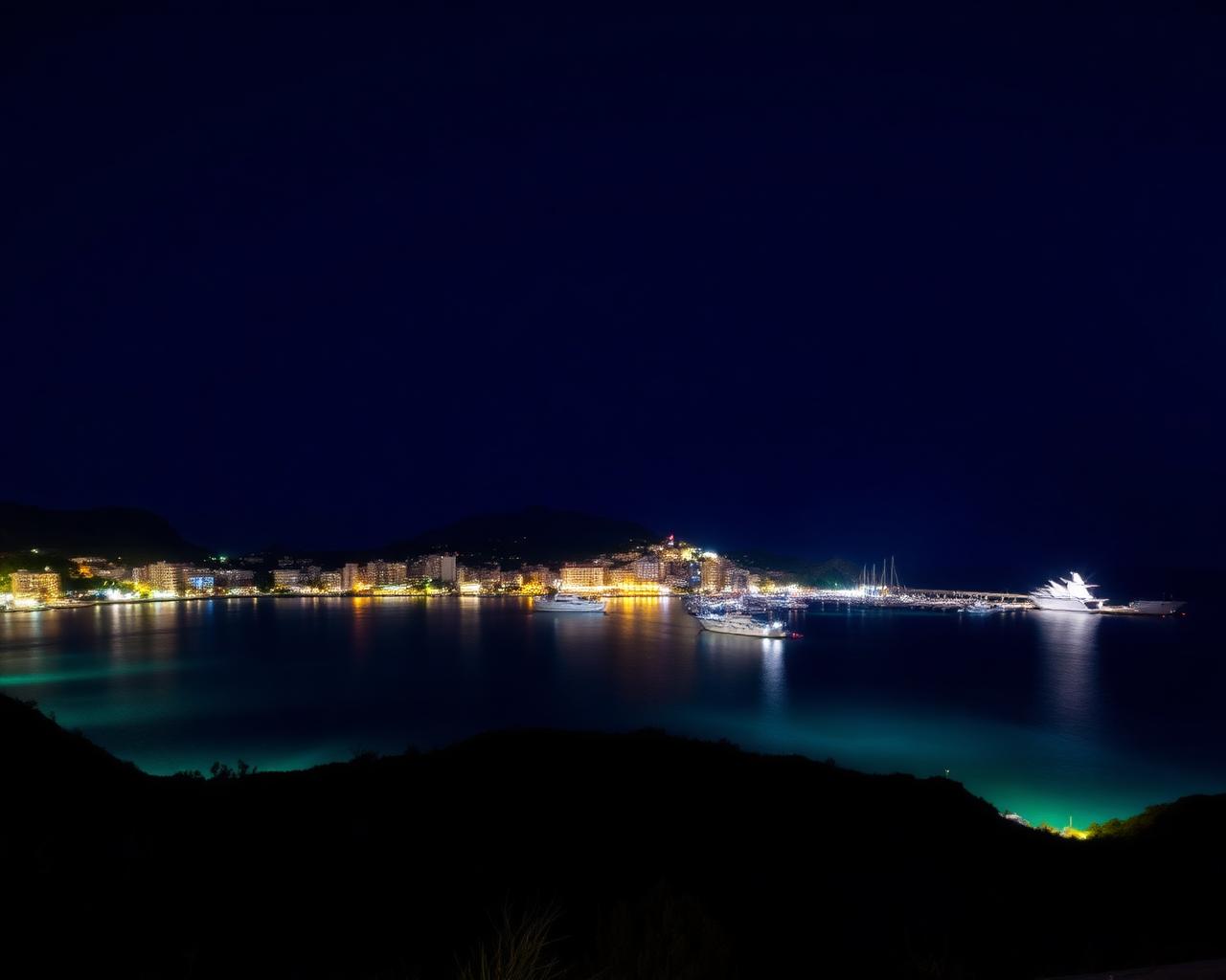 Gece vakti Akdeniz kıyı şehri manzarası