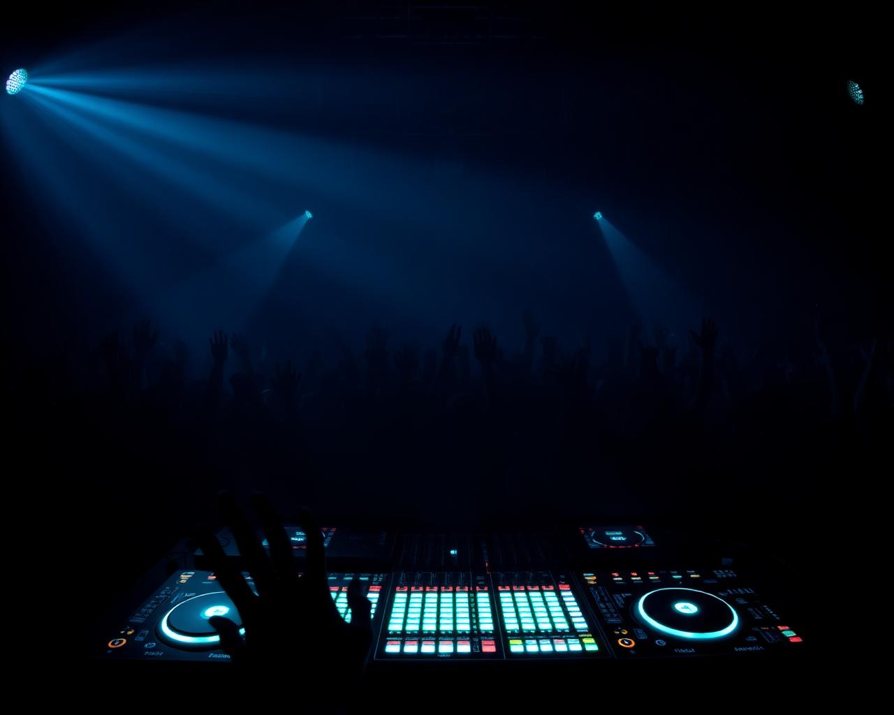 Karanlık kulüpte turkuaz ışıklı DJ kabini