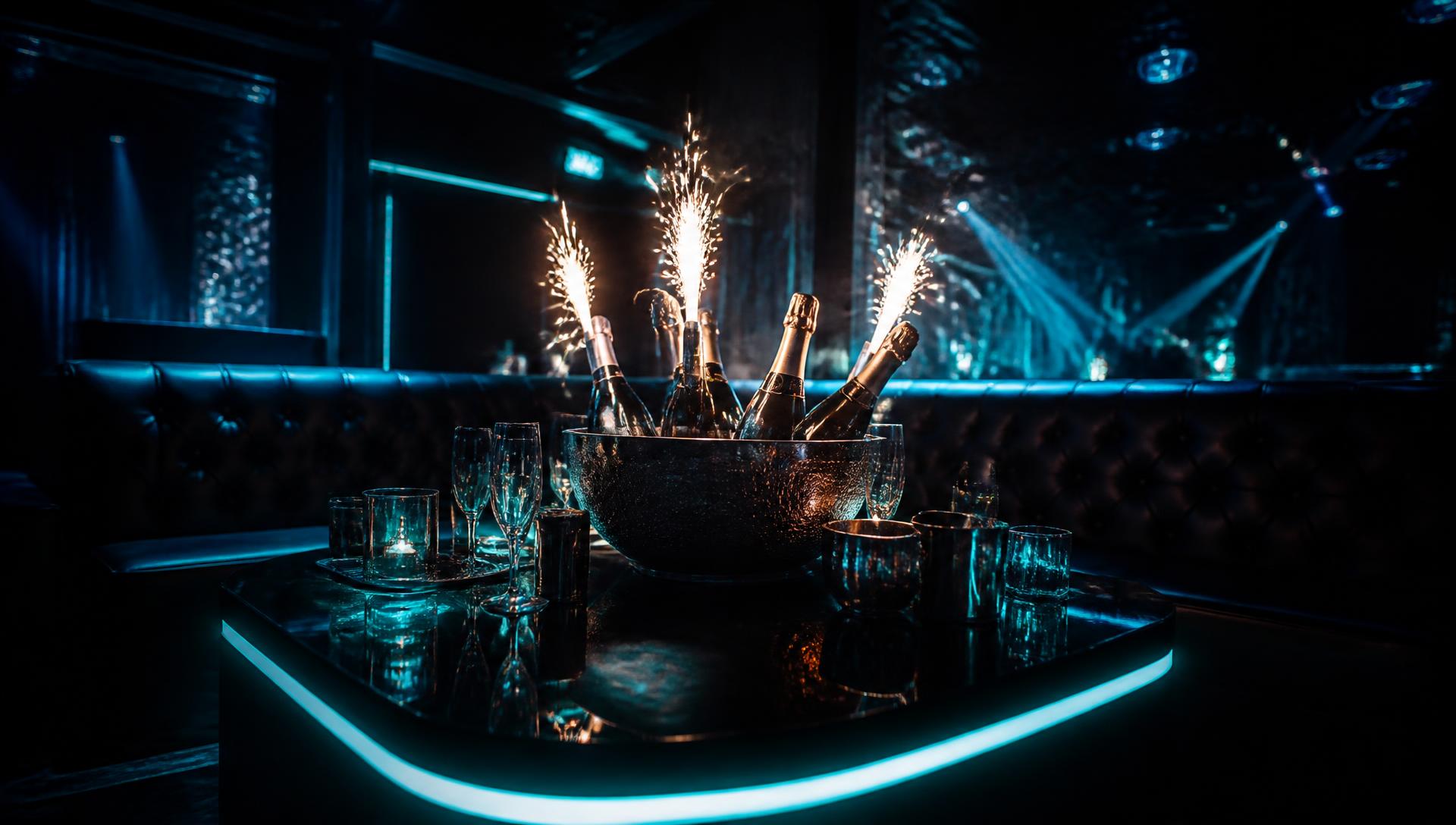 Gece kulübünde ışıklı masa üzerinde şampanya servisi